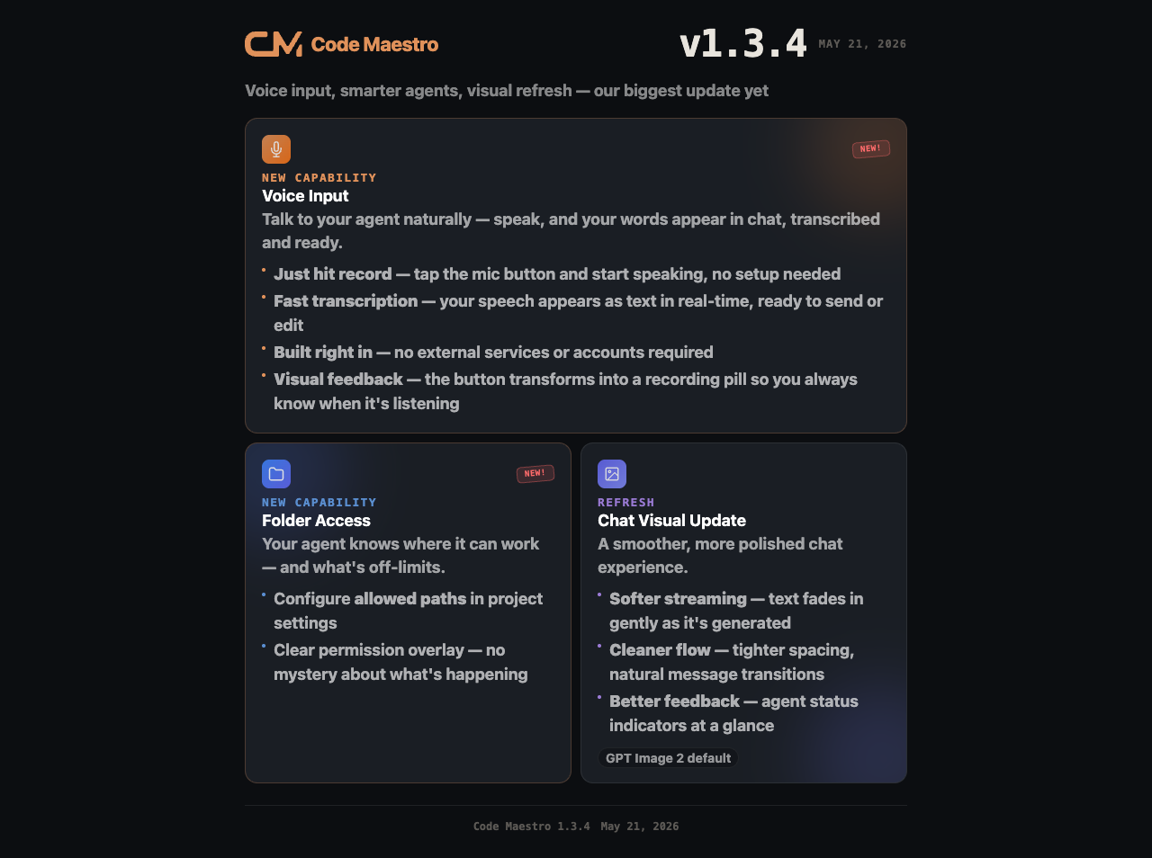 Code Maestro 1.3.4 - Voice Input, Smarter Agents, Visual Refresh