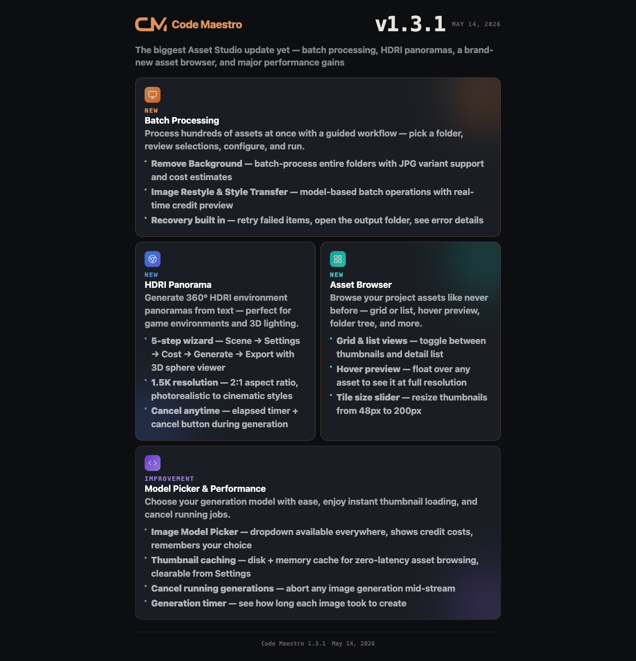 Code Maestro 1.3.1 - Asset Studio Evolution: Batch Processing & HDRI