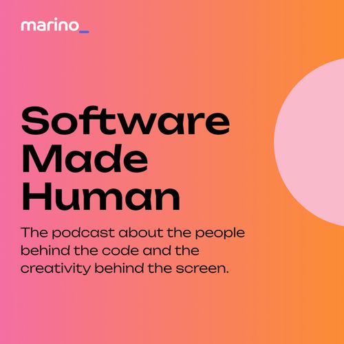 Gradient background with text 'Software Made Human' and a description about a podcast on people behind code and creativity.