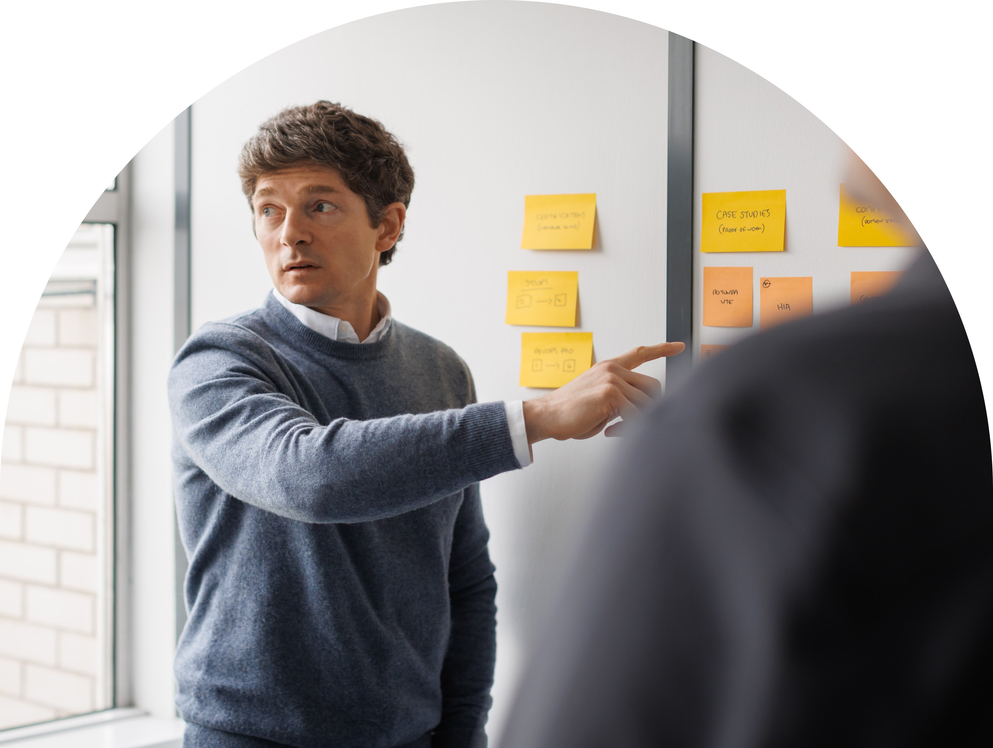 A man presenting sticky notes on a whiteboard