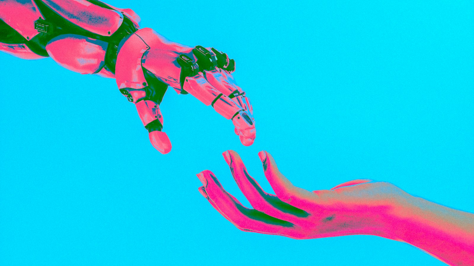 Une main robotique et une main humaine qui se tendent l’une vers l’autre