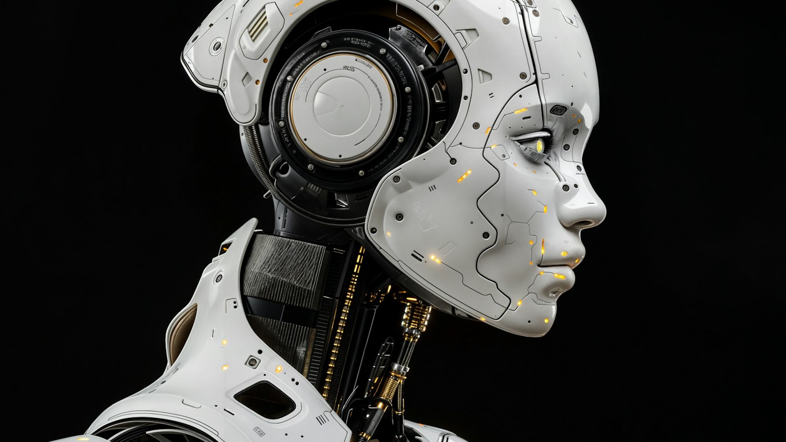 Visage d’un robot humanoïde blanc, de profil, sur fond noir