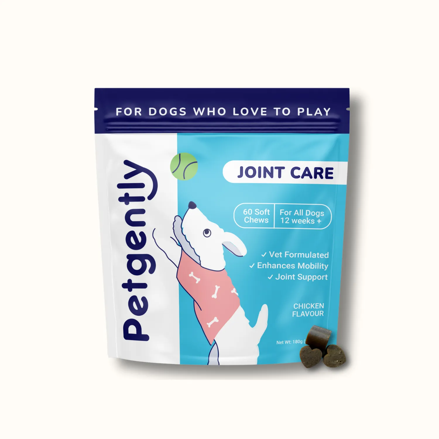 Petgently Joint Care dog supplement package with a white dog in a red sweater reaching for a green tennis ball, containing 60 soft chews for dogs 12 weeks and older, chicken flavor.