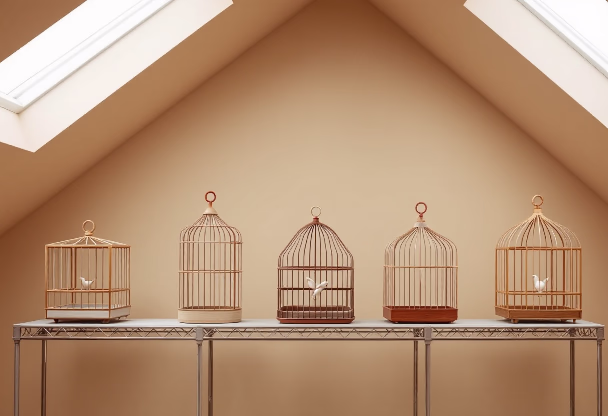 image of bird cages on display in a pet store