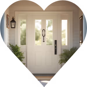 A heart shape with a stethoscope hanging from a white front door.