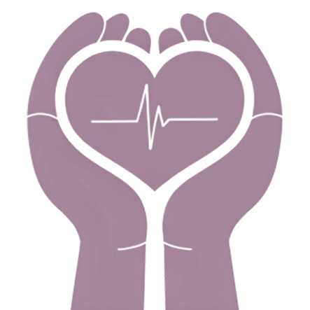 A purple icon of two hands holding a heart with a health line inside it.