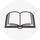 A round white icon with an open book inside.