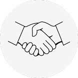 A round white icon with two hands shaking inside.