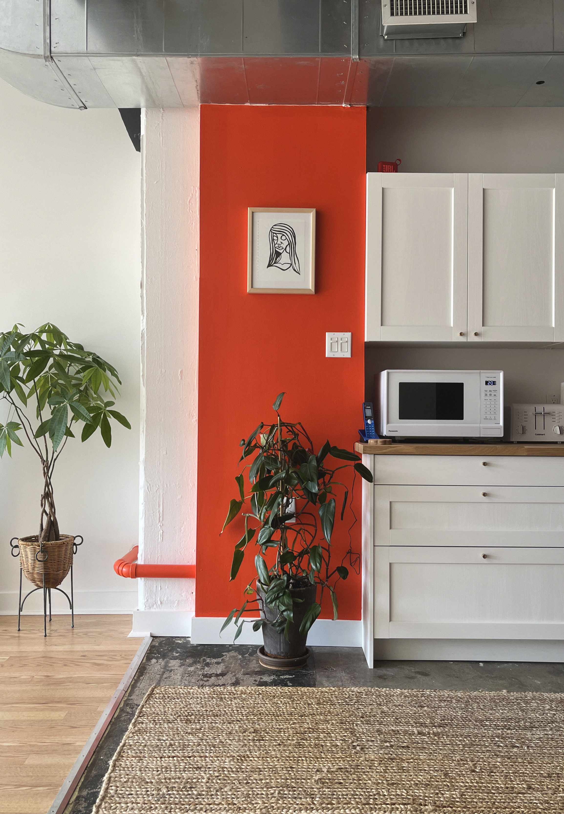 Modern kitchen corner with a bright orange accent wall, two potted plants, white cabinets, microwave, and a woven rug.
