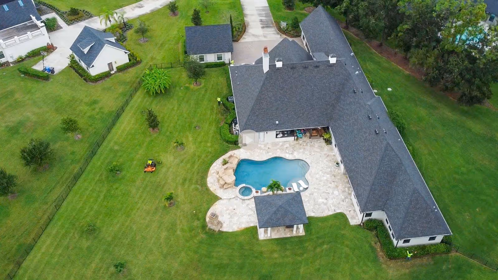 Aerial view of estate lawn maintained by Tru Turf Pros Tampa Florida