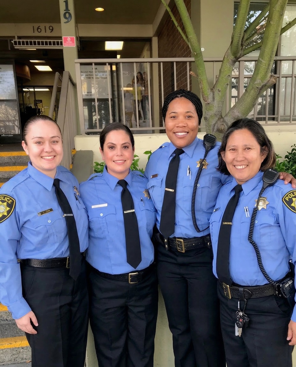 Four female police officers in blue uniforms smiling and standing close together outdoors.