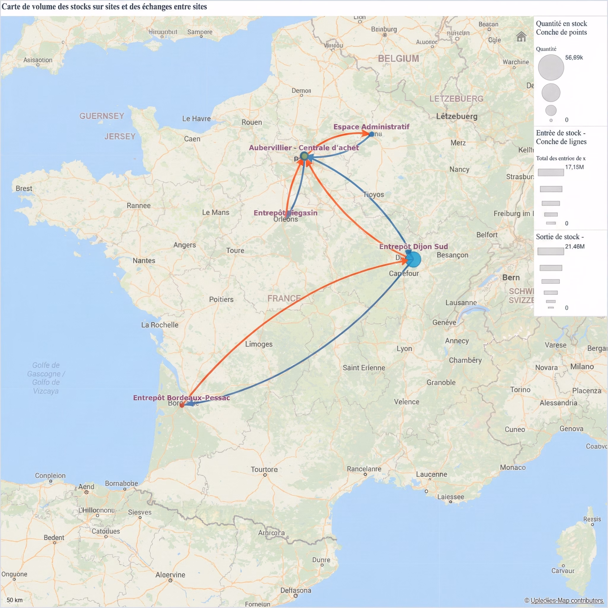 Carte de la France montrant les volumes de stocks et les échanges entre sites, avec des cercles représentant la quantité en stock à Paris, Dijon Sud, et Bordeaux-Pessac, et des flèches rouges et bleues indiquant les flux de stock.