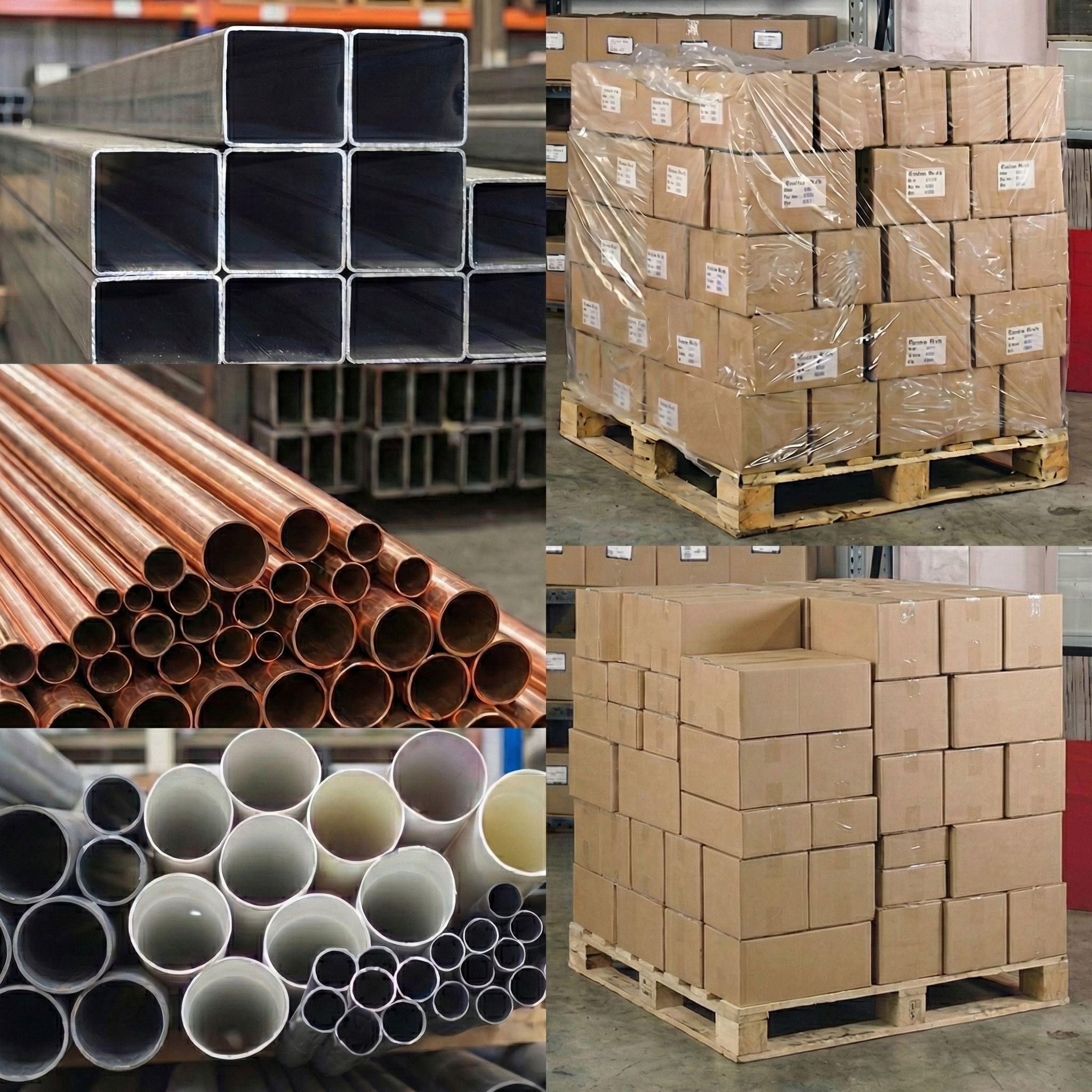 Quatre images montrant des tubes métalliques empilés, y compris des tubes carrés en acier, des tubes ronds en cuivre, des tubes ronds en acier inoxydable, et des palettes remplies de cartons emballés en plastique.