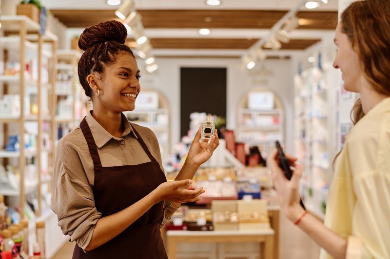 Femme souriante en polo bleu tenant une tablette dans un magasin moderne avec des étagères de produits.