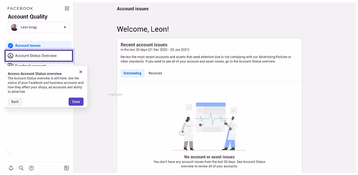 facebook business manager account quality center screenshot