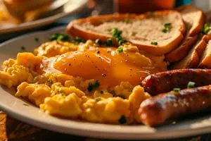 Combine breakfast with scrambles egss, fried egg, sausage and whole wheat bread