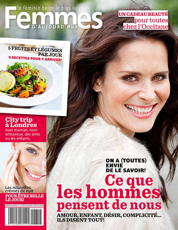 Smiling woman with long brown hair wearing a light fur coat on the cover of Femmes d'Aujourd'hui magazine.