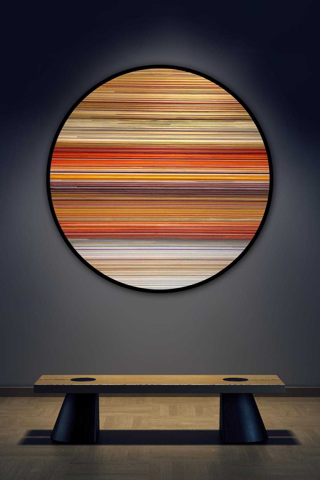 Large round abstract composition on wood by Belgian artist Helene Dawans. Hélène’s mastery transforms these circular surfaces into bold visual statements. Presented with a black steel frame.