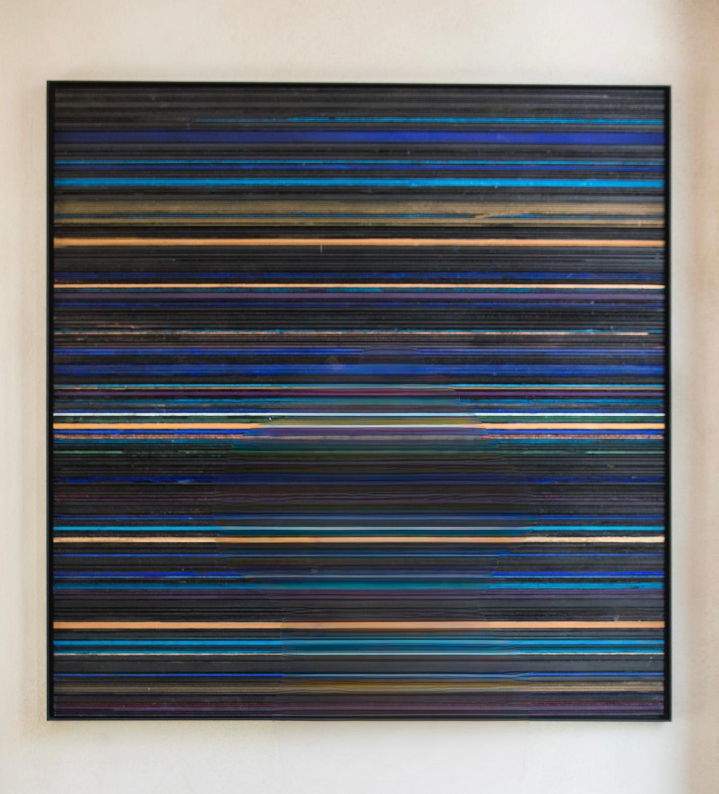 Deep blue composition by belgian artist Hélène Dawans – abstract geometric painting on a warm wood panel. The painting is presented with a black steel frame. 