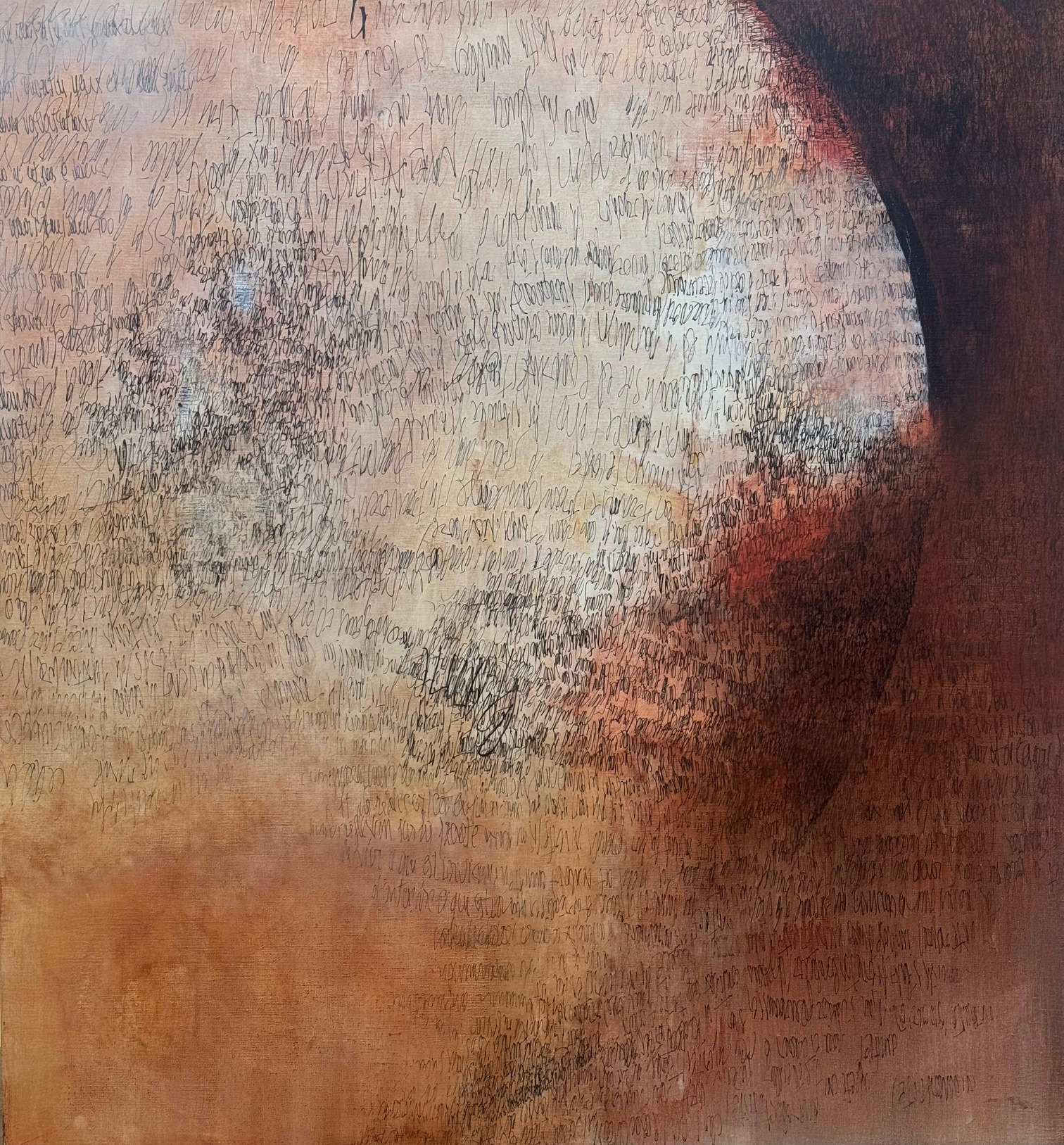 Abstract painting by belgian artist Charotte Vindevoghel of her serie Planets. Deep red and brown tones painting with black writings. The artist uses multiple layers of painting and writings in reference to famous philosophers. 