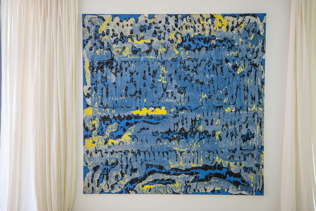 Large-scale abstract painting by Jean Boghossian captures the raw intensity of material transformation. Working with his signature technique of burnt collage on acrylic, the artist uses fire not as a destructive force, but as a tool of creation