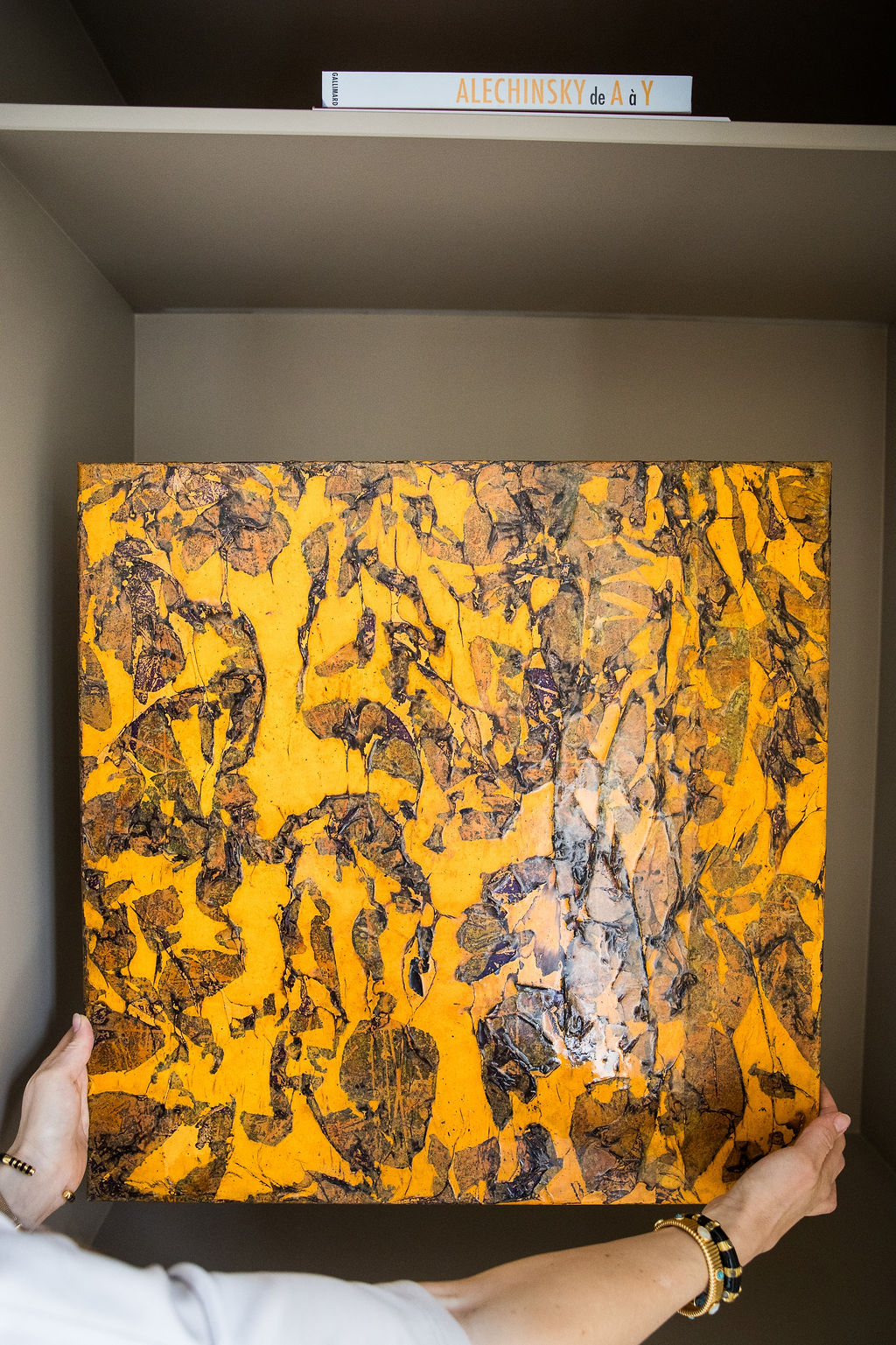 Square-format painting by Jean Boghossian is a vivid exploration of material transformation through fire. Working with his signature technique of burnt collage and acrylic, Boghossian uses flame as both a tool and a collaborator.