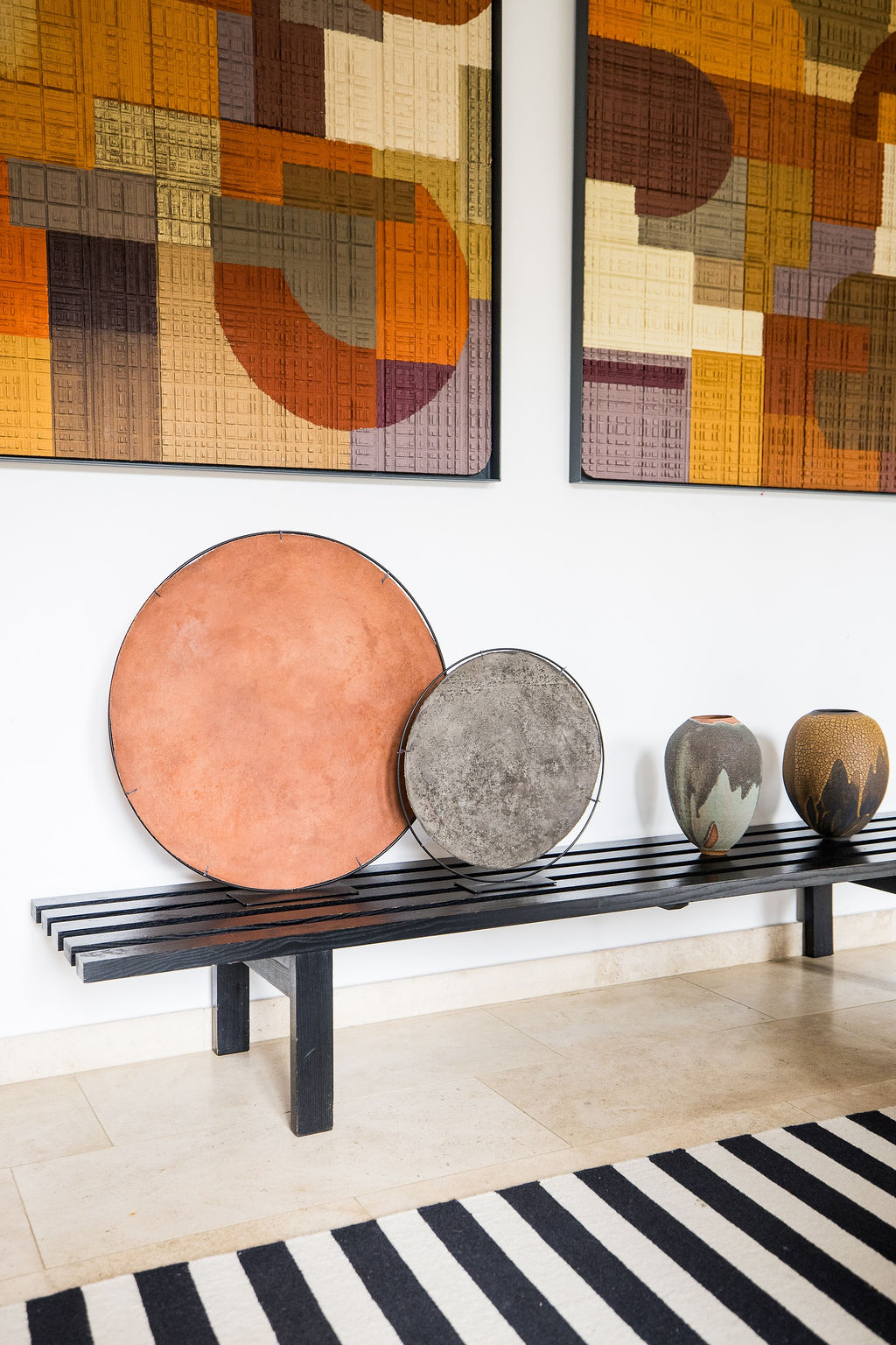 A captivating original by Belgian artist Delphine Ricour, this artwork is crafted from marble powder and pigments on linen, blending natural texture.