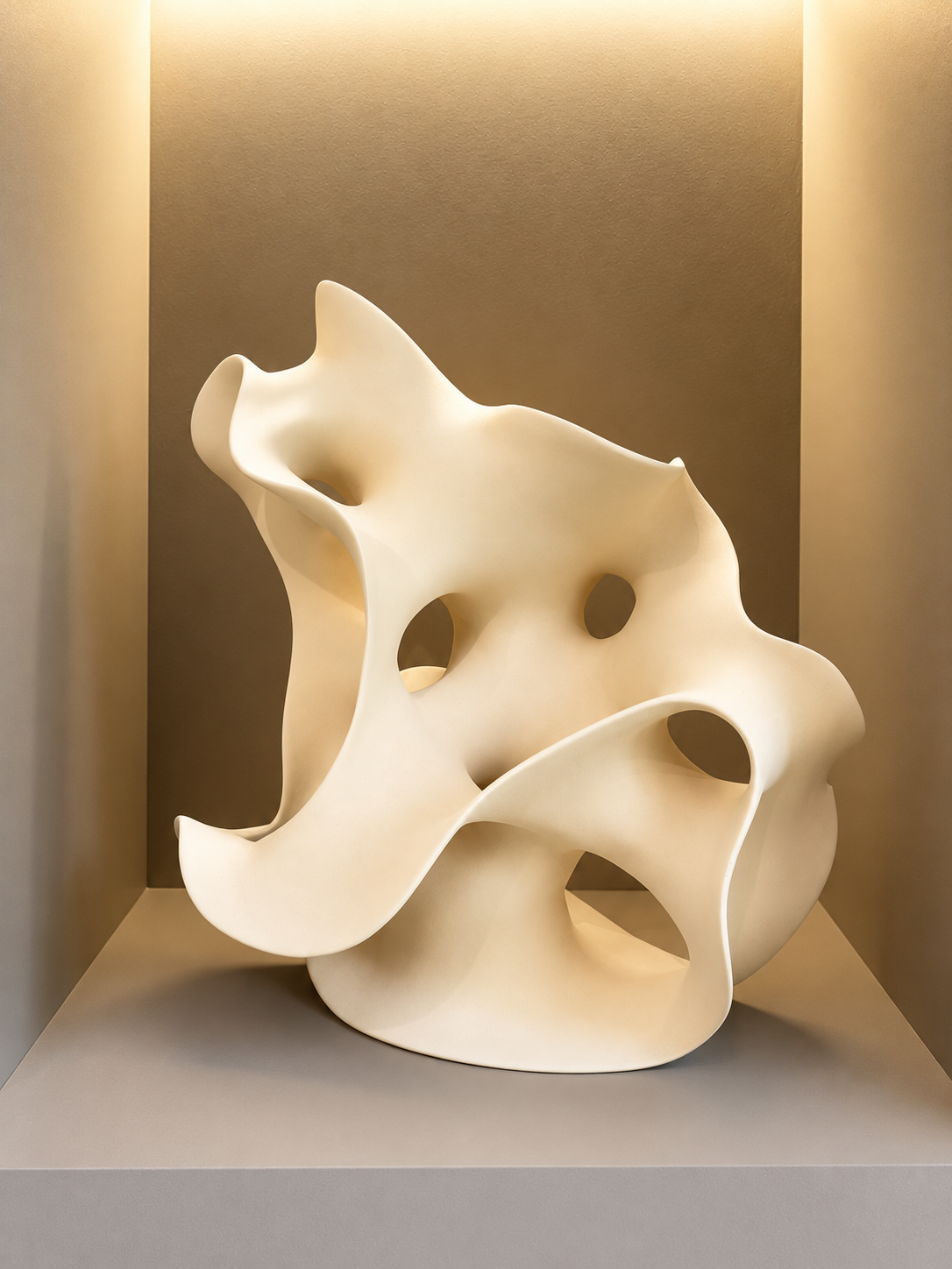 White Ceramic by belgian artist Liliane Demeester. The artist is fascinated by the plasticity of the clay. Perfectly manageable one moment, resisting the next . Always driven to turn the shape into a moving whole. 