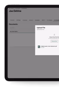 Tablet screen showing a document upload interface with a file named Forests Equity Group Statement.pdf being uploaded.
