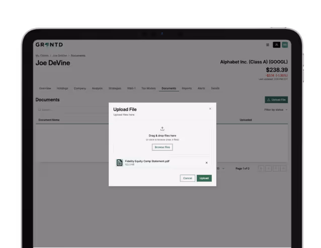 Tablet screen showing GRNTD investment platform with a file upload popup for 'Fidelity Equity Comp Statement.pdf'.