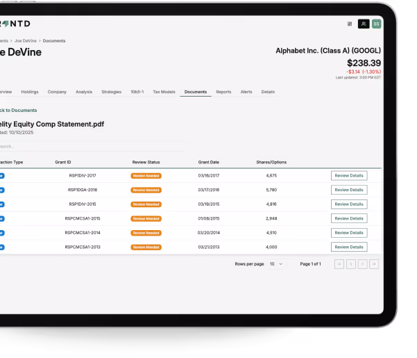 Tablet screen showing a user interface for stock documents with a list of equity compensation statements for Joe DeVine, including grant IDs, review status marked as 'Review Needed,' grant dates, shares/options, and Review Details buttons.