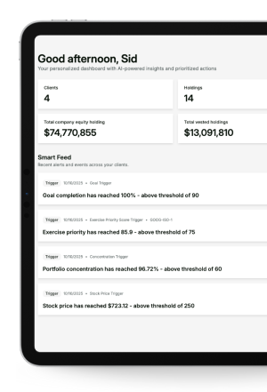 Tablet screen showing a personalized dashboard titled 'Good afternoon, Sid' with client and holding counts, total equity and vested holdings, and a Smart Feed listing goal completion and financial triggers exceeding set thresholds.