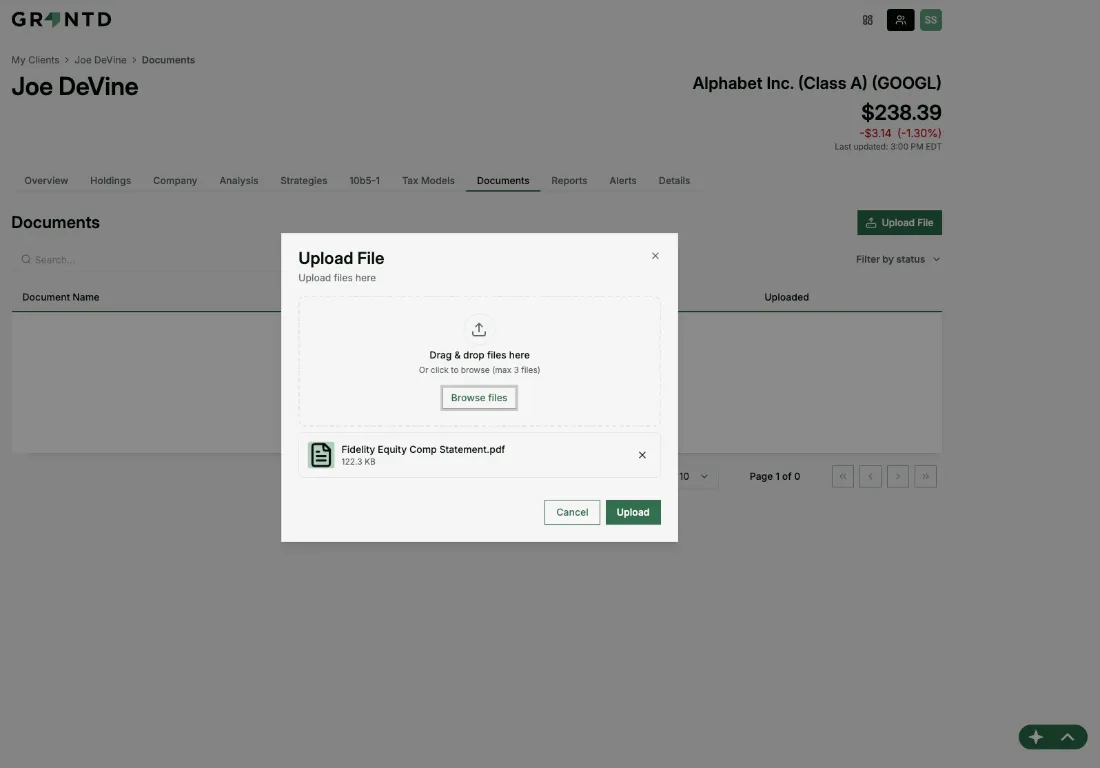 Laptop screen showing stock option grant details for GOOG-ISO-1 with grant date 10/20/2025, 800 options exercisable, exercise price $200.0, and expiration date 10/20/2030. Exercise priority score is 50 out of 100 with a low rating. Forfeit value is $133,400 with 800 unvested shares. Vesting schedule bar chart displays vested and unvested shares from 2025 to 2029.