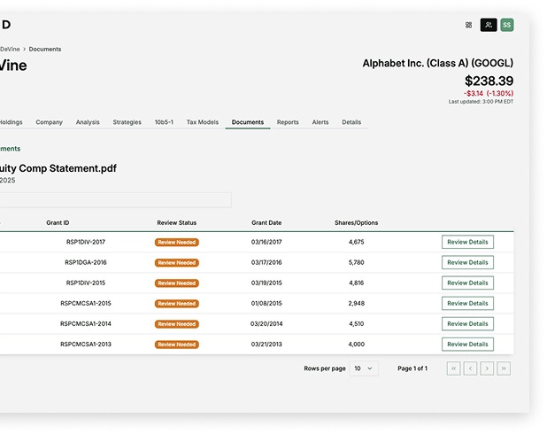 Tablet screen showing a user interface for stock documents with a list of equity compensation statements for Joe DeVine, including grant IDs, review status marked as 'Review Needed,' grant dates, shares/options, and Review Details buttons.
