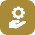 White gear above an open hand icon on a gold rounded square background.