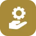 White gear above an open hand icon on a gold rounded square background.
