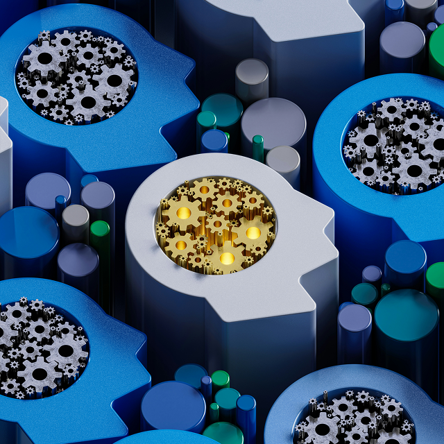 Metallic heads with gear mechanisms inside, one with golden gears standing out among others with silver gears.