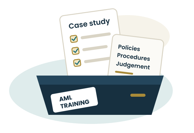 Illustration of an AML training tray holding a case study card and a card reading policies, procedures and judgement