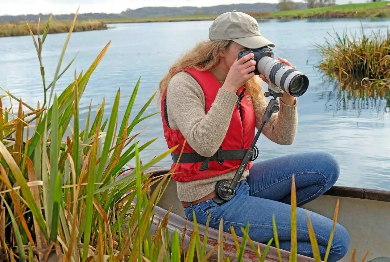 Photographer in a red life vest steadying a telephoto lens with Steadify while kneeling in a canoe among reeds