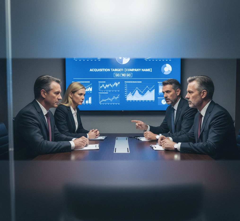 Four senior business professionals in formal attire discussing an acquisition target displayed on a screen with charts and graphs in a conference room.