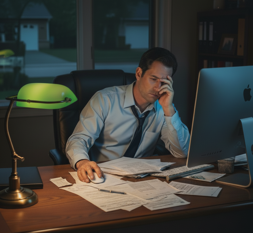 Man in dress shirt and tie looking stressed and working late at desk cluttered with papers and computer.