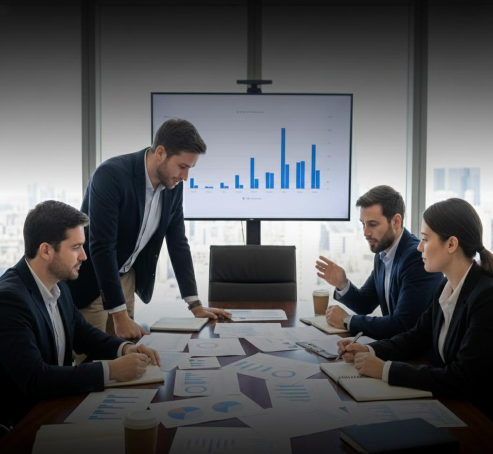 Four business professionals in a meeting room discussing charts and data, with a large screen displaying a blue bar graph in the background.