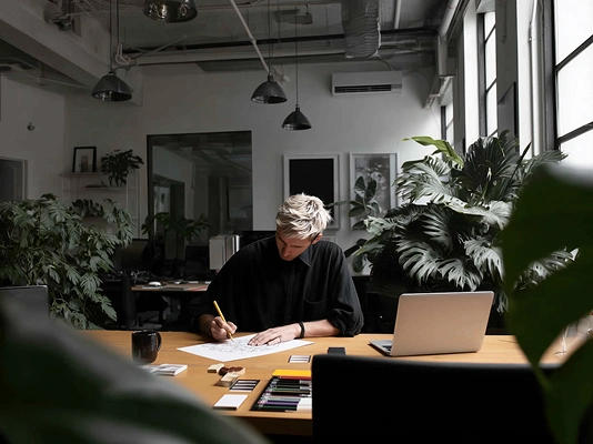 Person with short blonde hair drawing on paper at a desk with a laptop, surrounded by green plants in a modern office.