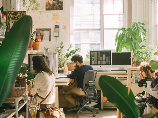Three people working in a bright office filled with plants and large windows.