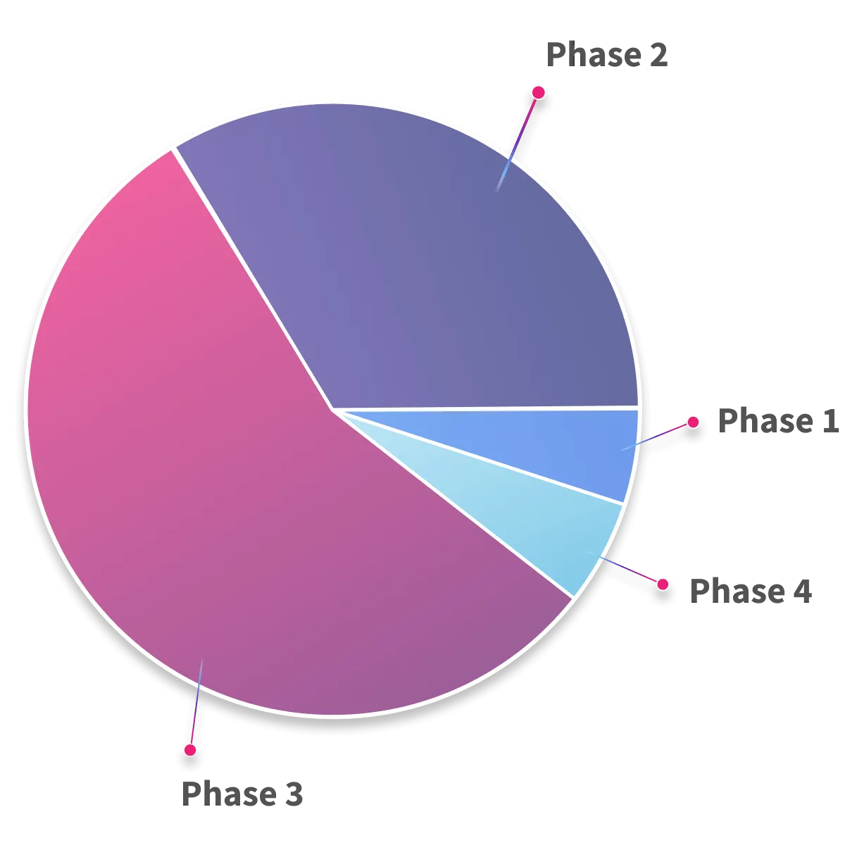 Pie chart divided into four segments labeled Phase 1, Phase 2, Phase 3, and Phase 4, with Phase 3 and Phase 2 as the largest sections.