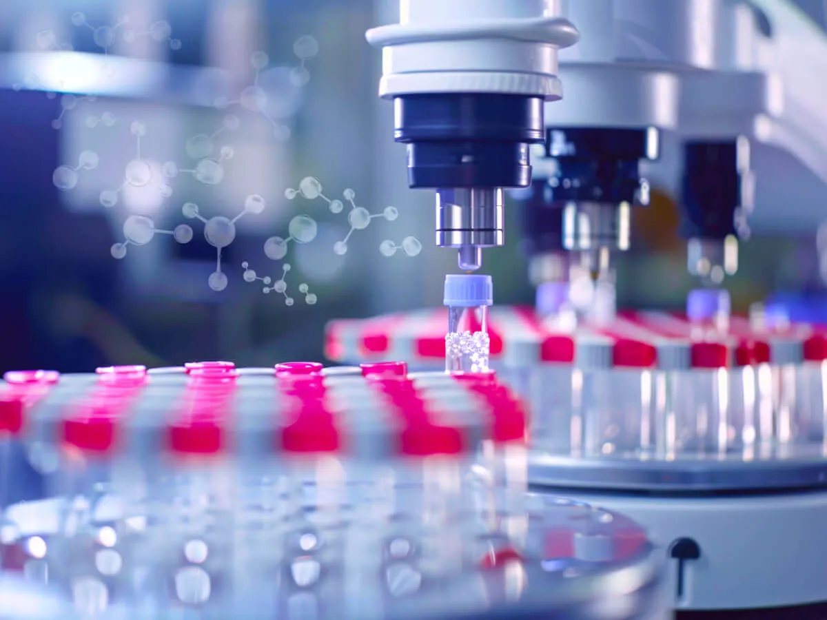 Automated laboratory machine handling test tubes with red caps in a medical research setting.