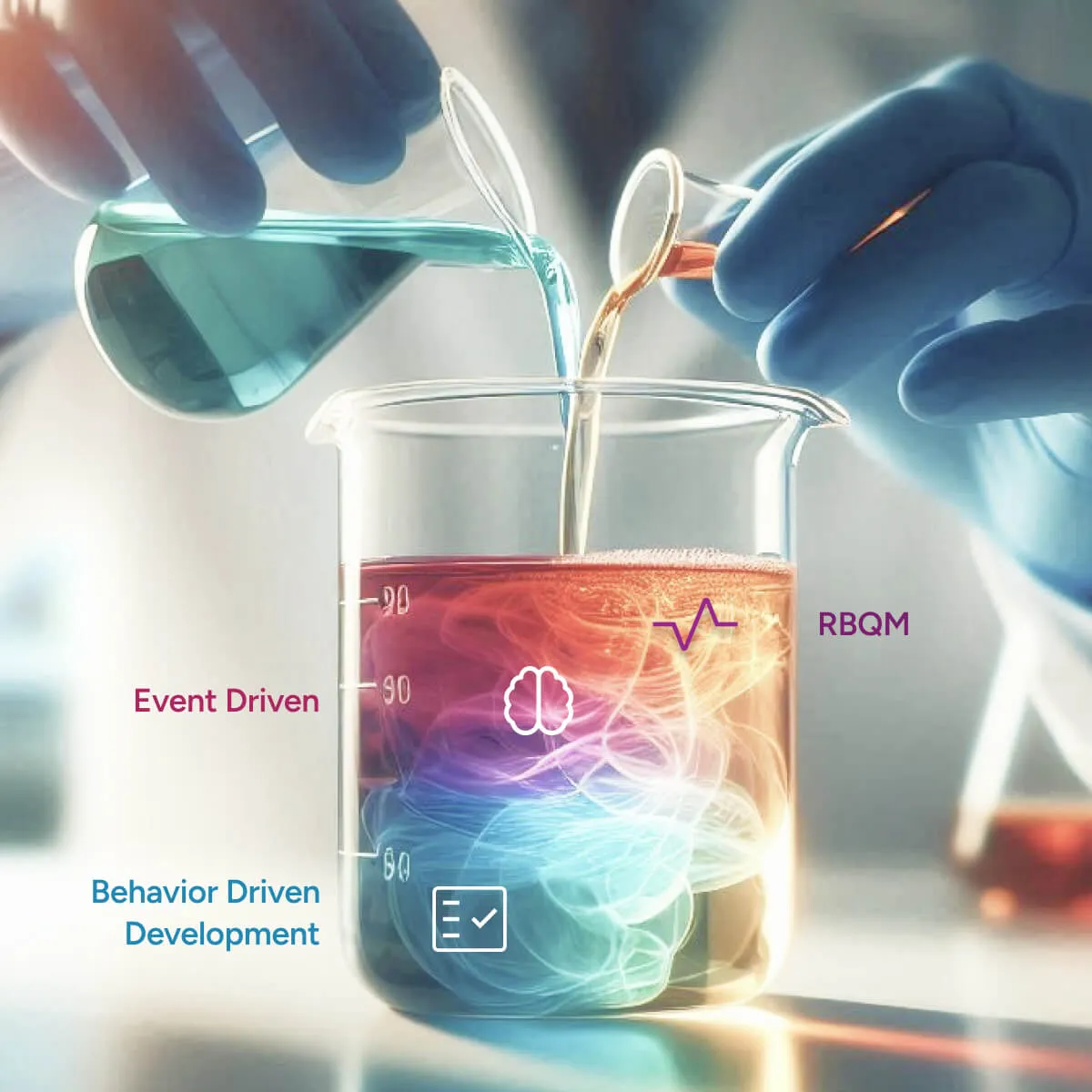 Gloved hands pouring blue and orange liquids from two flasks into a beaker with swirling colorful patterns and text labels: Event Driven, RBQM, and Behavior Driven Development.