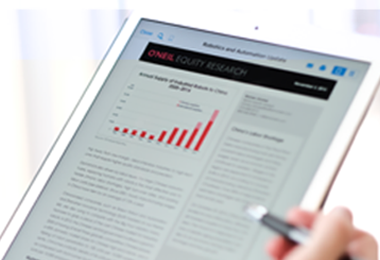 An iPad screen showing a William O'Neil research report.