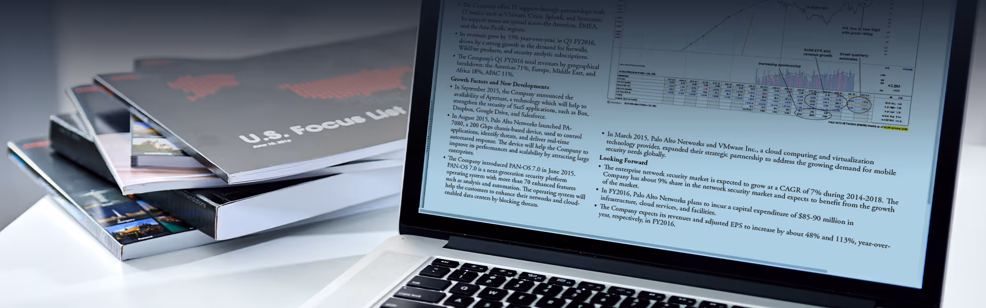 An image of William O'Neil stock books and a laptop open displaying focus list report.