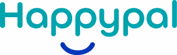 HappyPal wordmark logo with a blue smiling curve underneath.
